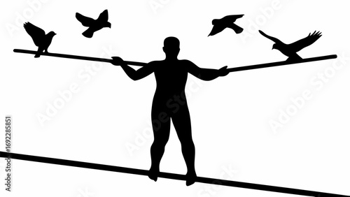Silhouette of a man balancing on a tightrope with birds perched on a balancing pole overhead in black