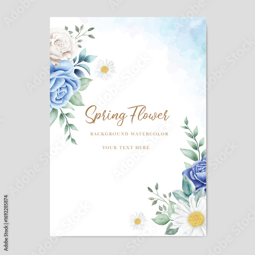wedding invitation card with navy blue flower watercolor