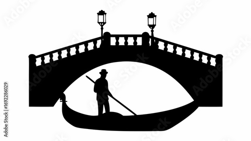 Silhouette of a gondolier in a boat under a bridge with two lamps on top in black and white design