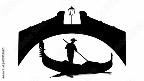Silhouette of a gondola with a gondolier under a bridge with a street lamp in black and white style