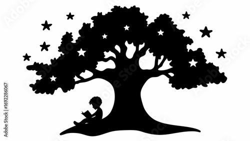 Silhouette of a child reading under a star filled tree with large branches and a prominent trunk design