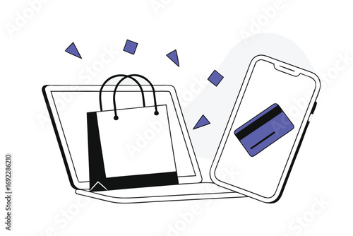 Illustration of online shopping concept with a laptop, phone, credit card, and bag