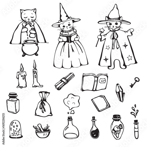 Cute Magic wizard cats with book, magic wand, hats and cauldron. Hand drawn doodle set 