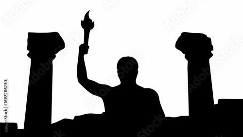 Silhouette of colossus statue holding torch stands between two pillars in black and white image