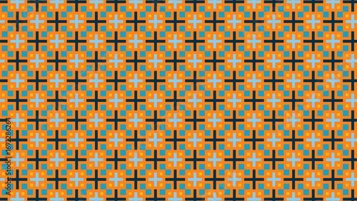 This vibrant pattern features interlocking plus signs in bold orange, blue, and white on a dark background, creating a striking and modern design that energizes any space with its dynamic appeal.