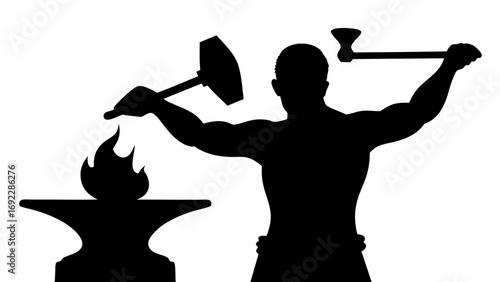 Silhouette of a blacksmith working at the forge with hammer and anvil against white background