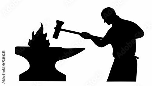 Silhouette of a blacksmith striking hot metal on an anvil with a hammer in a blacksmith shop setting