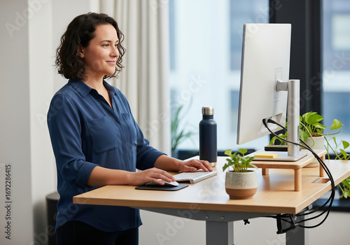 A professional woman works comfortably at a modern, adjustable standing desk in a bright office. She smiles while using her computer, showcasing an ergonomic and healthy approach to the modern workday