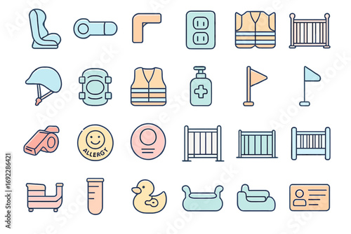 Safety icons representing child protection measures including gear and safety equipment illustrated in a colorful, organized layout