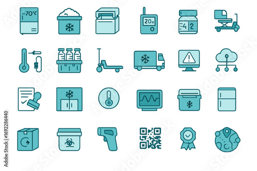 Icons representing cold chain logistics for temperature-sensitive products in healthcare and transportation industries
