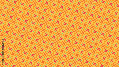 This lively pattern features playful interlocking plus signs in vibrant pink and teal against a warm orange background, creating a cheerful and energetic design perfect for brightening any space.