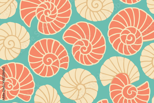 Colorful nautilus shell pattern on turquoise background showcasing marine inspiration and design creativity
