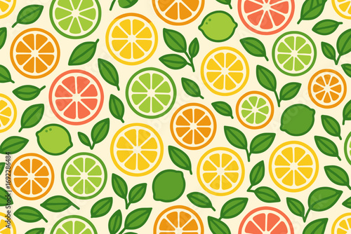Colorful citrus fruit pattern featuring oranges, lemons, limes, and leaves on a light background