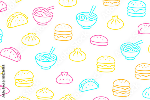 Colorful illustration of various international foods on a white background showcasing tacos, dumplings, bowls, and burgers