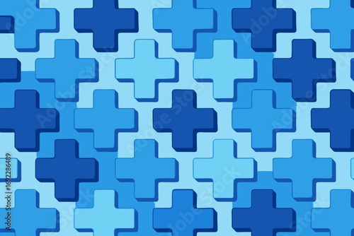 Colorful geometric patterns featuring blue crosses on a soft background create an abstract design