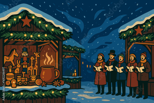 Winter festival features carolers and festive market stalls in a snowy landscape at night