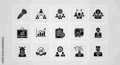 Business management icons representing various aspects of organizational structure