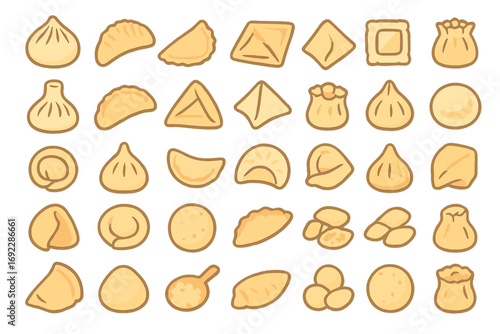 Variety of dumplings and savory pastries arranged in colorful illustrations showcasing different shapes and styles