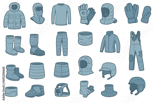Winter clothing assortment featuring various styles and accessories suitable for cold weather outdoor activities