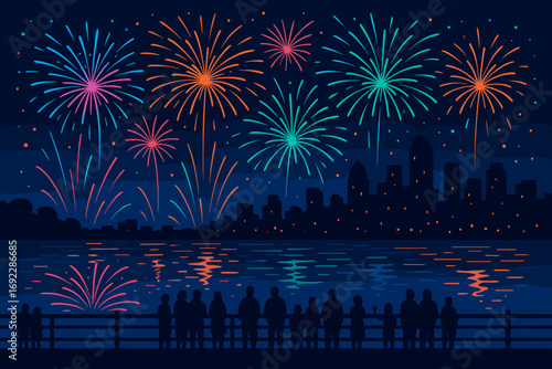 Colorful fireworks illuminate city skyline at night over calm water while onlookers gather along the waterfront