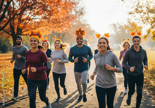 A happy and diverse group of young adults participates in a Turkey Trot, a fun run traditionally held on Thanksgiving. 