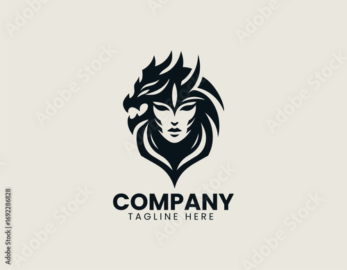 Female viking head illustrated as bold warrior vector logo in minimal strong traditional heroic design style