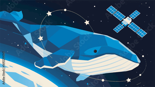 illustration of a giant whale swimming in space with satellites and stars vector design template