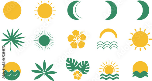 Tropical paradise vector icons set featuring sun, moon, leaves, flower and beach scenes on white