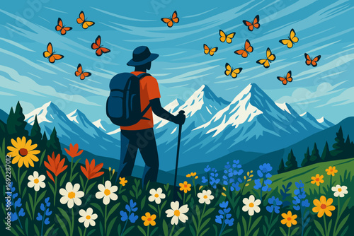Backpacker admiring butterflies in a colorful alpine meadow with snow-covered mountains in the background