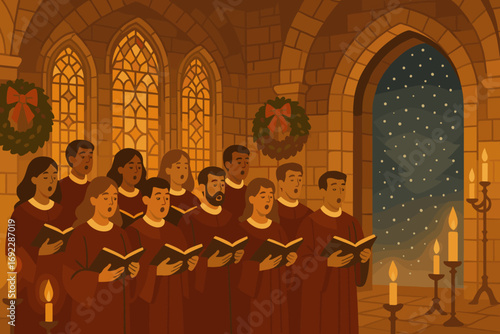 Holiday choir singing in a cathedral with candles, wreaths, and a snowy scene outside, capturing the warmth and beauty of Christmas carols in a traditional church setting