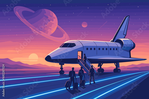 Futuristic Space Shuttle at a Cosmic Airport with Saturn in the Background and Passengers Boarding
