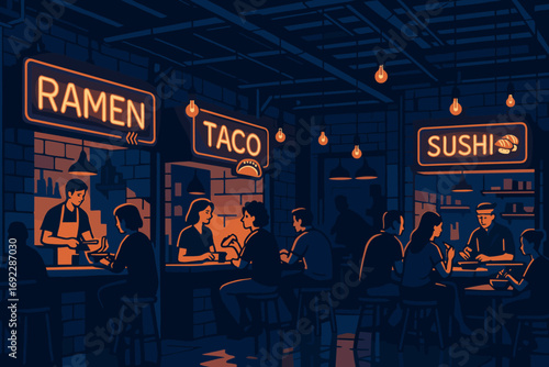 Trendy night food court with ramen, taco, and sushi stalls under warm neon lights