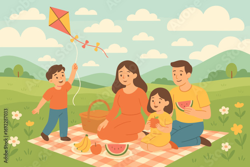 Happy family picnic in scenic meadow with kite flying and fresh fruit on a sunny day