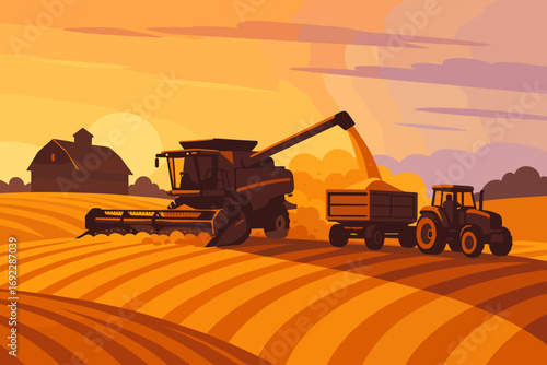 Combine harvester and tractor collecting grain on a golden wheat field at sunset in a rural farming landscape illustration