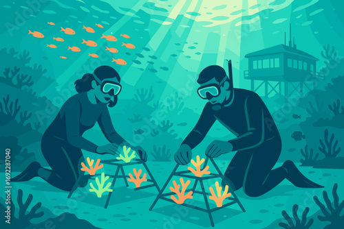 Illustration of scuba divers planting coral on an underwater reef for restoration, with vibrant coral and fish swimming around, highlighting marine conservation efforts