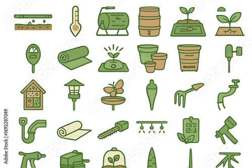 Garden and sustainable agriculture icon set including compost bin, seedlings, irrigation tools, garden hose, soil thermometer, rain barrel, and eco-friendly gardening tools on green background