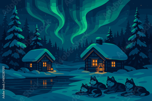 Cozy winter cabin scene with huskies and northern lights in a snowy forest at night, peaceful aurora borealis landscape illustration