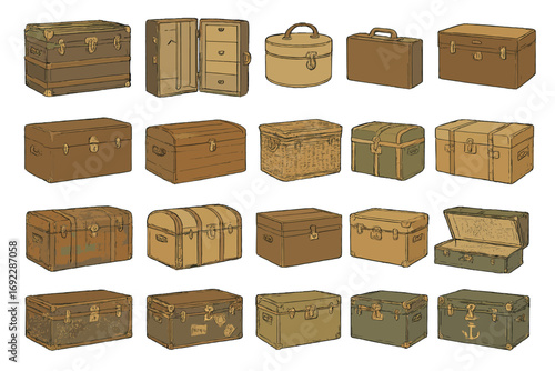 Vintage luggage and travel trunk icon set featuring antique suitcases, steamer trunks, hat boxes, wicker chests, and classic travel cases on a warm sepia background