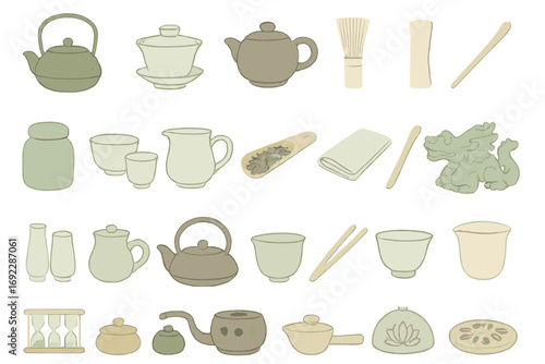 Traditional tea ceremony icon set featuring teapots, cups, matcha tools, tea canisters, serving ware, and decorative elements on a soft gradient background