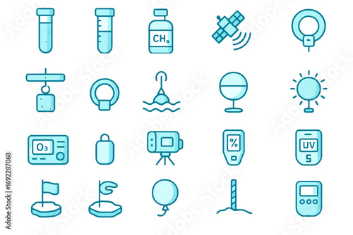 Atmospheric science and environmental monitoring icon set featuring sensors, test tubes, satellites, weather balloons, UV meters, and scientific instruments on blue gradient background