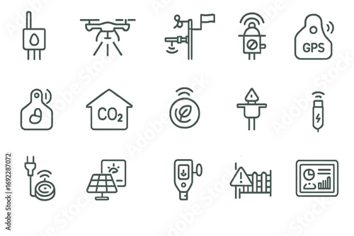 Set of smart agriculture and precision farming icons including drones, sensors, GPS tags, weather monitoring, soil analysis, and environmental control on metallic background