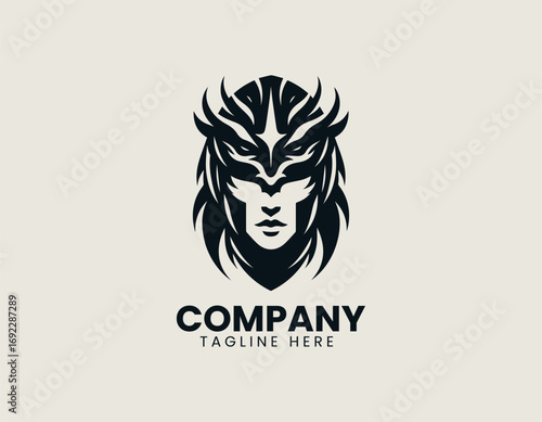 Female viking head illustrated as bold warrior vector logo in minimal strong traditional heroic design style