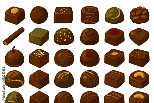Assorted Chocolate Truffles and Bonbons Collection in a Decorative Flat Style Featuring Nuts, Fruit, and Gourmet Fillings