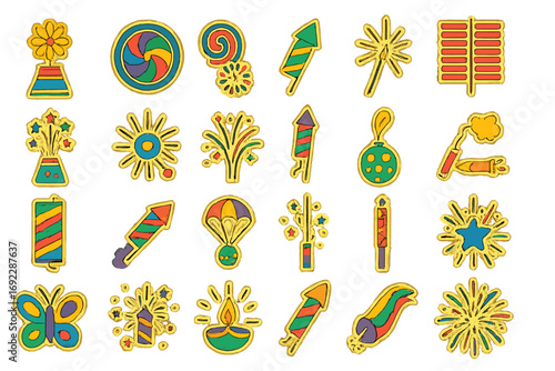 Vibrant Diwali Firecracker Icon Set with Rockets, Sparklers, Chakras, and Festival Elements on Gold Background