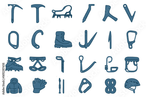 Dark Blue Icon Set of Ice Climbing and Mountaineering Gear Including Tools, Carabiners, Boots, Ropes, and Safety Equipment