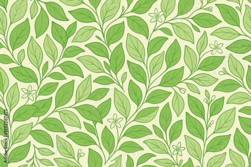Nature-inspired green leaf pattern design with various leaves and flowers on soft background