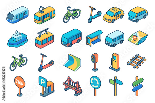 Various modes of transport and urban elements illustrated in a colorful graphic suitable for urban planning or educational purposes