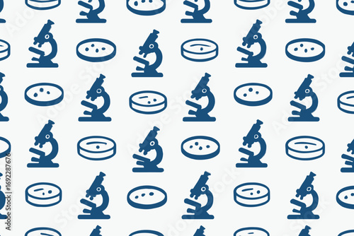 Patterns of microscopes and petri dishes illustrating scientific research themes in a clean, modern design