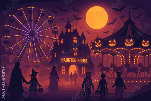 Spooky Halloween Carnival with Haunted House, Ferris Wheel, Carousel, and Trick-or-Treating Children at Night