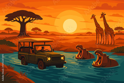 Safari adventure featuring hippos and giraffes at sunset in a tranquil African landscape